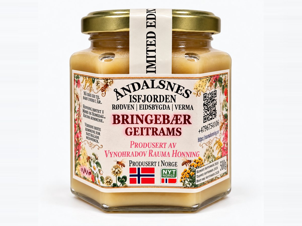 500 g jar of Rauma Honning raspberry and fireweed honey (Bringebær Geitrams), limited edition, from Isfjorden, Rødven, Eidsbygda and Verma in Rauma, Norway